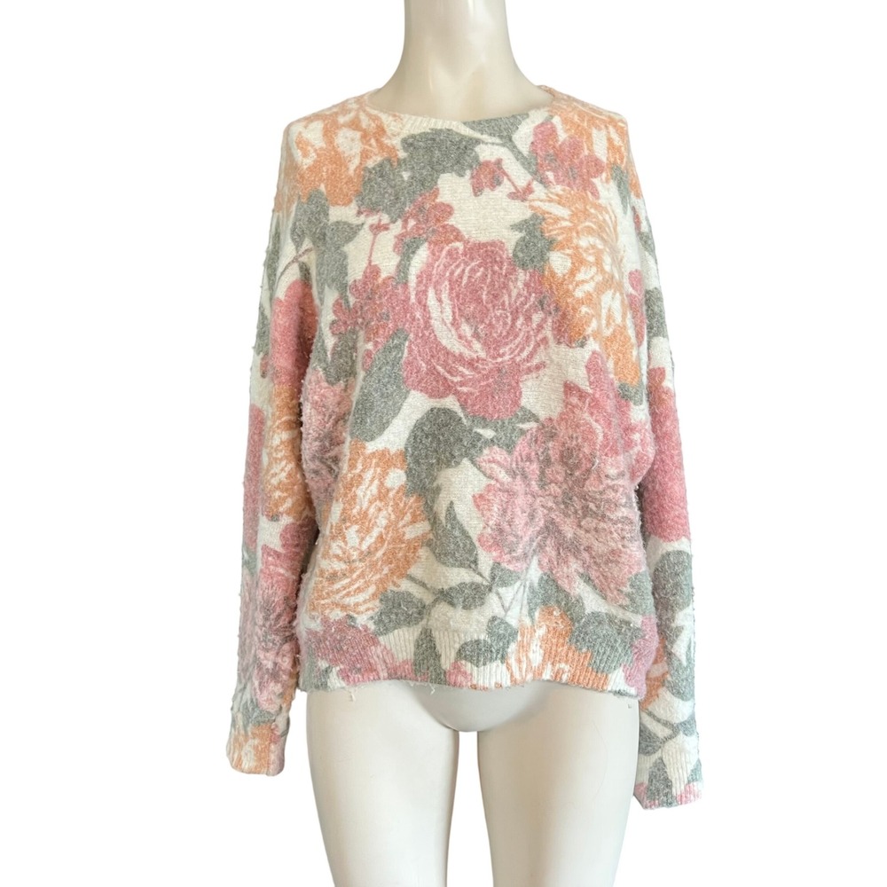 Joie Womens Small Floral Fuzzy Knit Crewneck Sweater Pink Orange Green Cream
